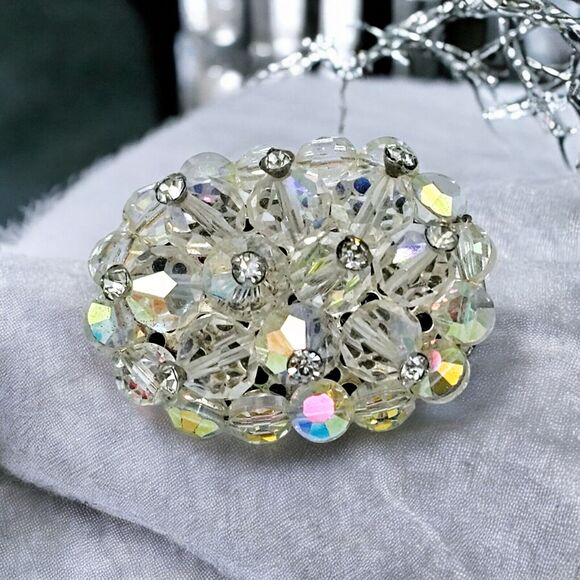 Vtg Wedding Brooch Crystal Rhinestone Accent Aurora Borealis Oval Estate Pin - Picture 4 of 9